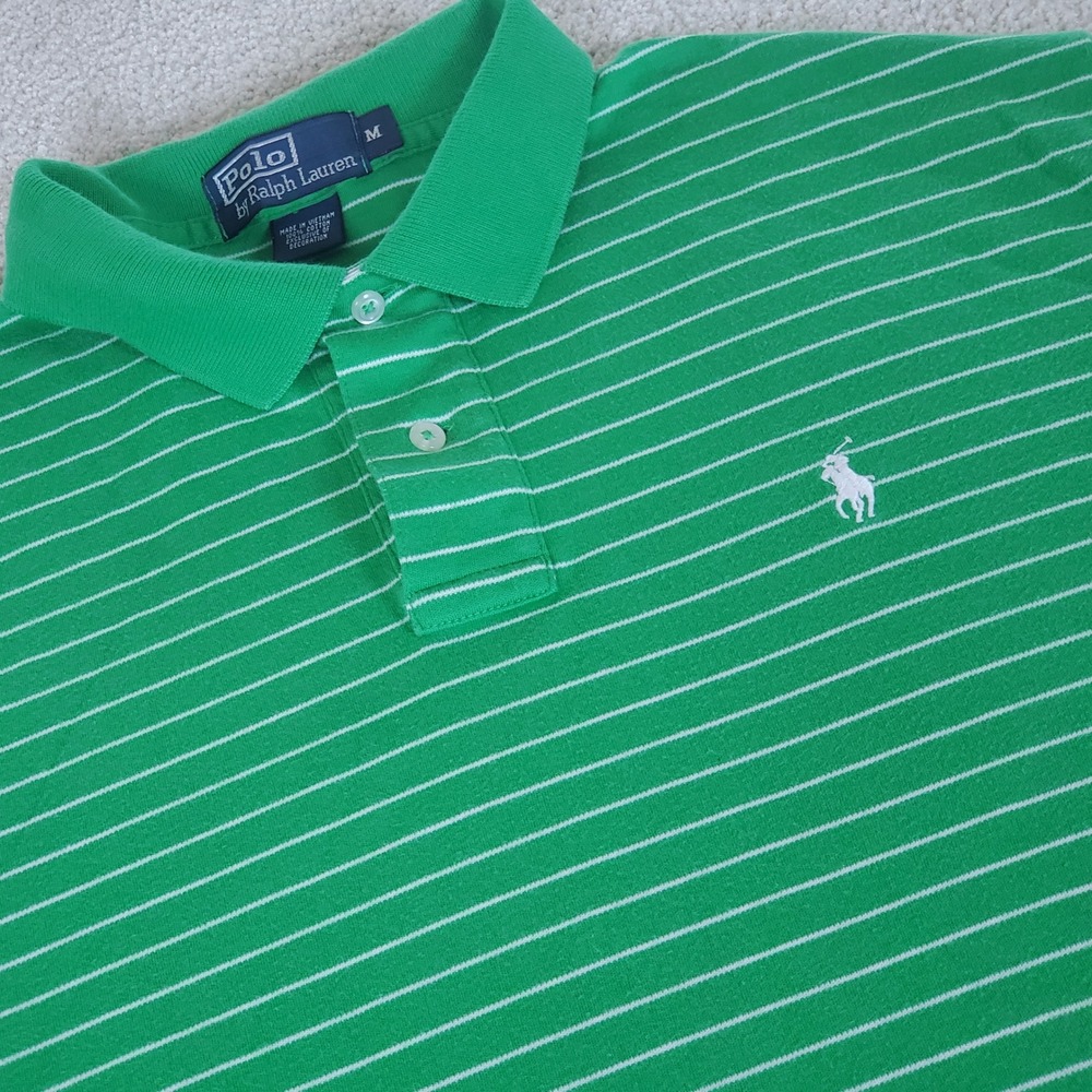 Polo Ralph Lauren Polo Shirt Men's Medium Green White Striped Short Sleeve